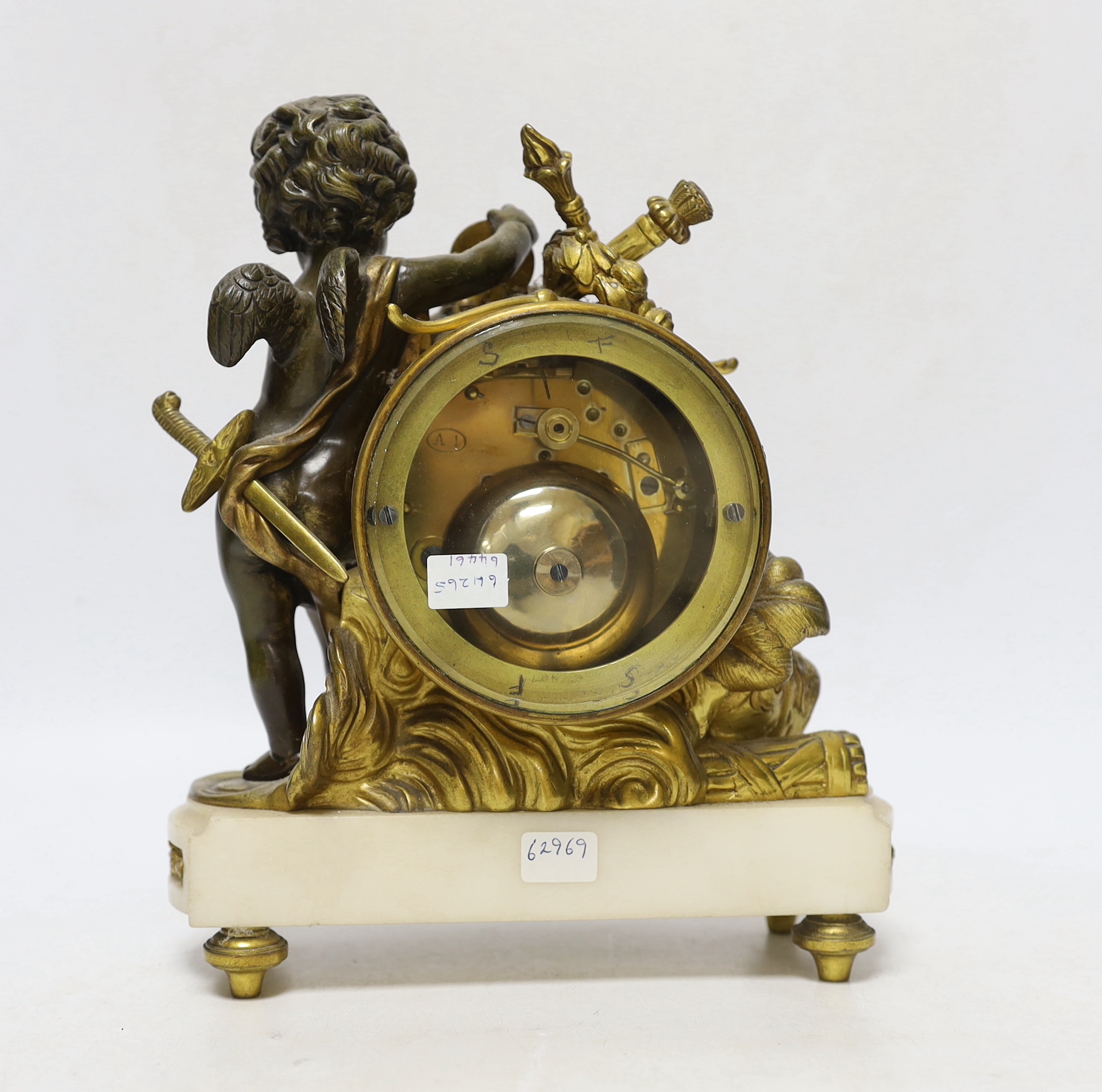 A French ormolu and bronze mantel clock striking on a bell, 22cm high